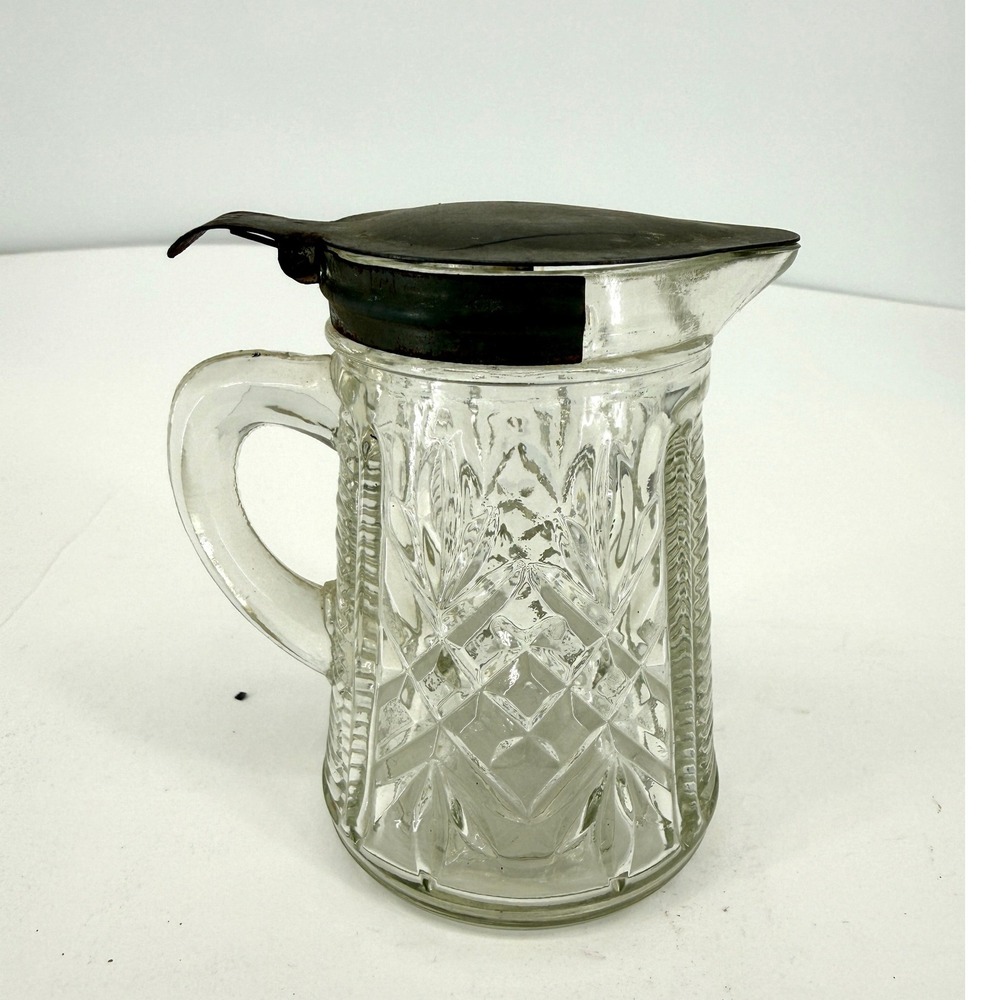 Vintage EAPG Pressed Glass Syrup Pitcher Metal Lid 4.75" Early American Pattern‎